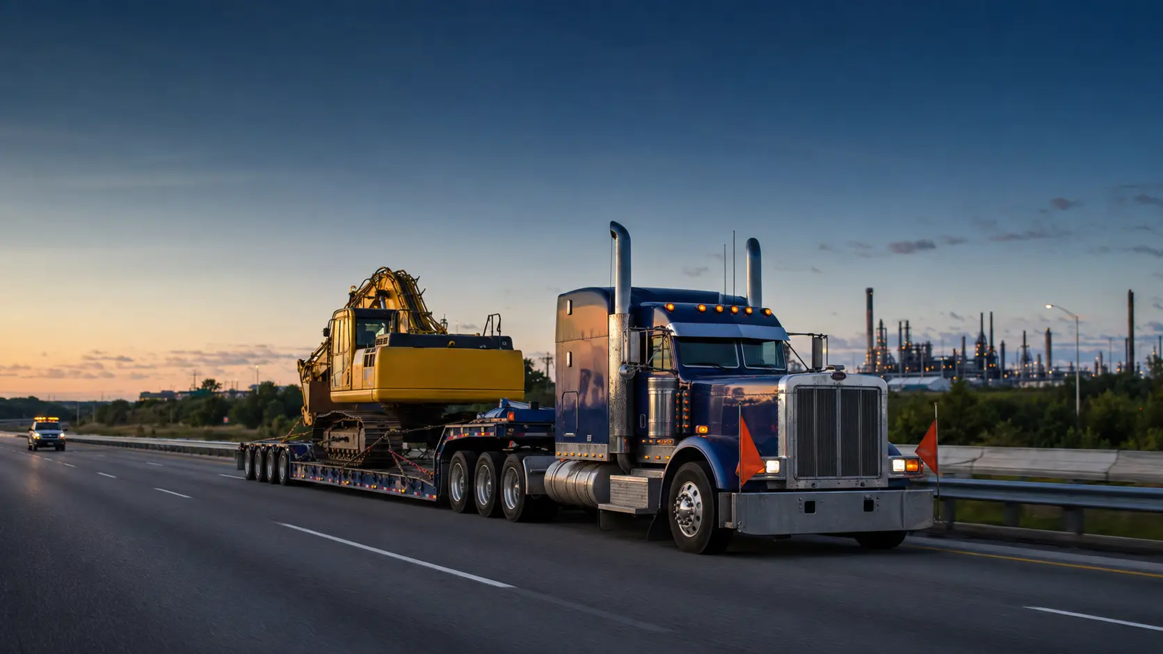 Heavy haul trucking with an excavator on an RGN trailer representing Moline, IL planning